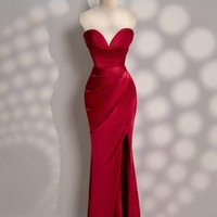 Red Dress - Long Satin dress - Party Dress - Cold Shoulder Dress - Bridesmades Dress - Gift For Her - Christmas Dress  - Thumbnail 1