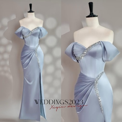 Fairy Light Blue Beaded Satin Ball Gown, Light Blue Strapless Evening Dress, Prom Dress, Maxi Satin Dress, Wedding Party Dress, Sky Blye Gown