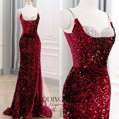 Shimmering spaghetti strap sequined mermaid pearl embellished slit prom dress , spaghetti straps evening gown, formal wedding dress,long prom dress, e