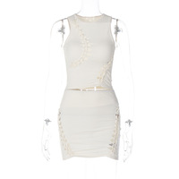 Solid Color Hollow Round Neck Sleeveless Top Slim Skirt - Thumbnail 3