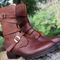 Crafted Leather Handmade Men Dress Shoes Brown Leather Buckle Strap Military Style Boot - Thumbnail 2