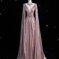 Elegant Light Pink ‌Deep V-neck Cape Design Pleated Waist Crystal Embellishment ‌ Formal Prom Dresses - Thumbnail 7