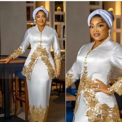 Customized mother of the bride dresses long sleeves sheath satin with gold lace appliques v-neck arabic african wedding gowns
