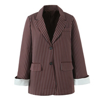 Brown striped loose-fitting two-button cuffed jacket suit - Thumbnail 3