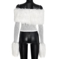Sexy hottie style solid color short fur patchwork long-sleeved top - Thumbnail 4