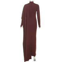 Solid color high collar long sleeve waist hip-hugging ribbon dress - Thumbnail 4