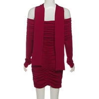 Sexy one-shoulder tube top long-sleeved pleated neck hip-hugging slim dress - Thumbnail 4