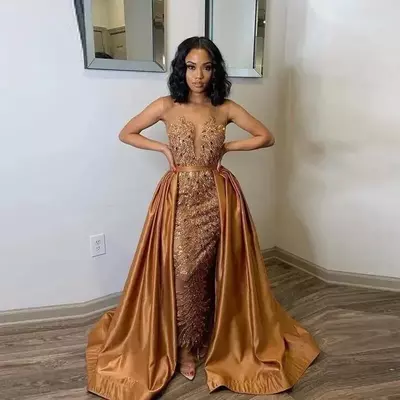 Mermaid sheer neck lace prom dresses with detachable overskirt sleeveless sweep train evening gowns arabic