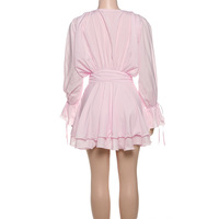 Solid color sexy round neck lace-up flower decoration trumpet sleeve hip dress - Thumbnail 2