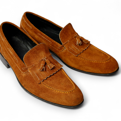 Crafted leather handmade men brown suede leather fringes tassel loafers dress shoes