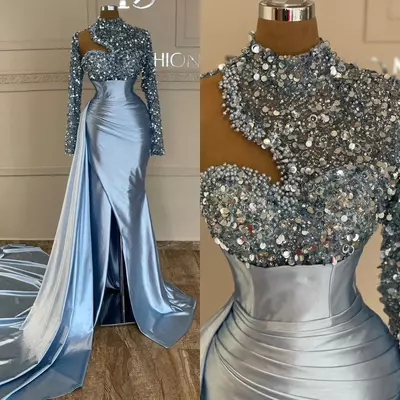 Sexy Sky Blue Mermaid Evening Dresses Sequins High Neck Long Sleeves Formal Party Prom Dress Pleats Dresses