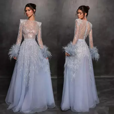 Elegant Blue Evening Dresses Illusion long sleeves Party Prom Dress sequins feathers cuff Formal Long Red Carpet Dress 
