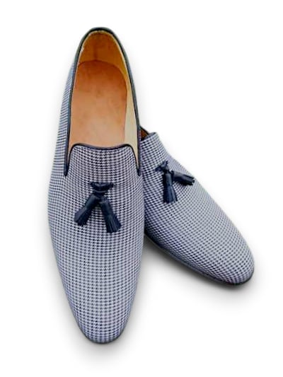 Crafted Leather Custom Made Men Shoes Black & White Fabric Calf-Skin Leather Tassel Loafers Dress