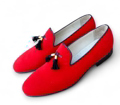 Crafted Leather Men Awesome Red Velvet Tassel Loafers Dress Shoes