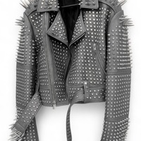 Crafted Leather New Classic Awesome Handmade Women's Gray Leather Studded Brando Metal Spiked Leather Round Studs Jacket - Thumbnail 1