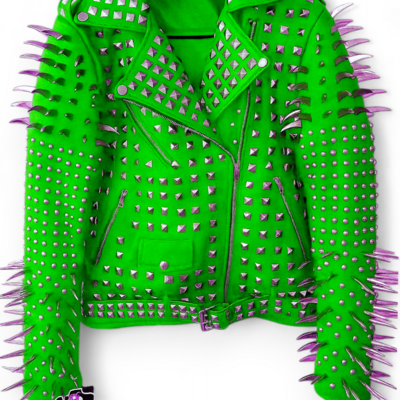 Crafted leather new handmade women's punk full long spiked studded brando e green leather jacket