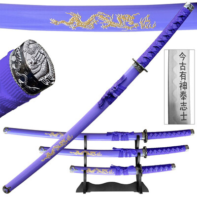 3-piece purple & gold carved dragon sword set – katana, wakizashi, tanto with dragon scabbards & display stand | 440 steel samurai swords