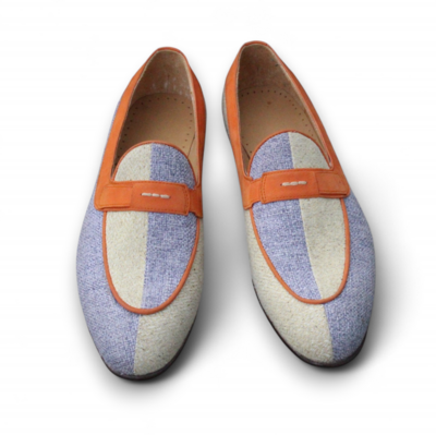 Crafted Leather New Handmade Men Blue Beige Linen Fabric Moccasins Loafers Shoes 