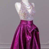 Dark V Neck Top Tulle Beaded Sheath Purple Evening Dresses  - Thumbnail 2