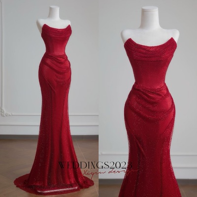 Elegant red sequined mermaid strapless floor length prom dress‌