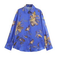 Fashionable and casual loose floral print silk satin shirt - Thumbnail 1