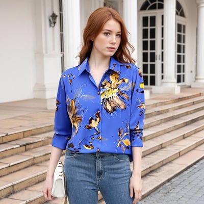 Fashionable and casual loose floral print silk satin shirt