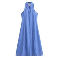 Striped lapel single-breasted sleeveless tie-down maxi dress - Thumbnail 1