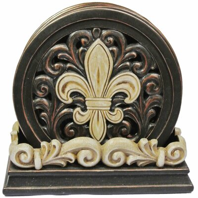 Fleur-de-lis carved scroll coaster set – 4-piece decorative resin drink coasters with holder | elegant home décor
