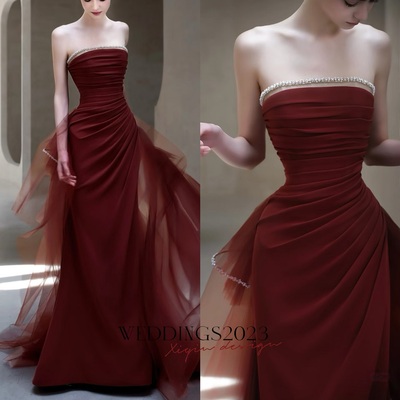 Burgundy strapless satin mermaid with removeled tulle train prom dresses