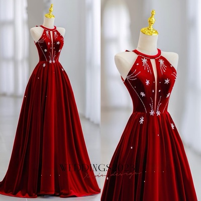 Red velvet beading a-line with bow floor length prom dress