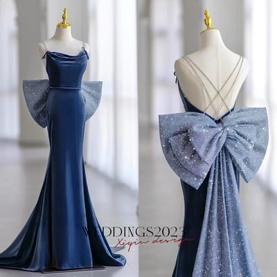Spaghetti straps mermaid floor length with removeled bow backless back prom dress