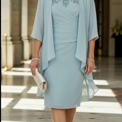 Baby blue seath tea-length with jacket mother of bride /groom dresses evening formal gown