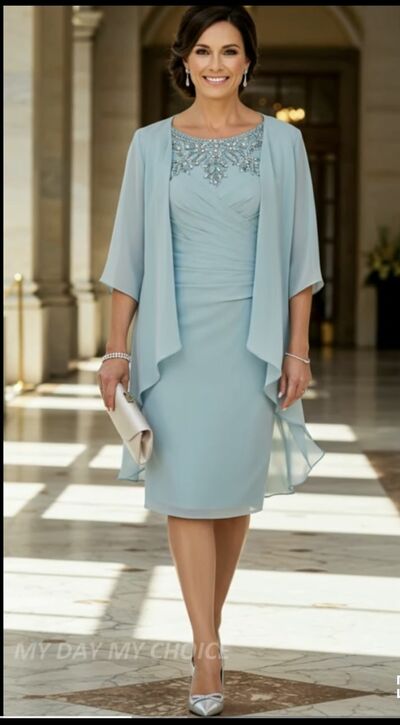 Baby Blue Seath Tea-length with Jacket Mother Of Bride /Groom Dresses Evening Formal Gown