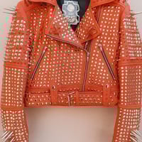 Crafted Leather Classy Women Orange Red Leather Studded Jacket with Silver Studs and Spikes - Thumbnail 1