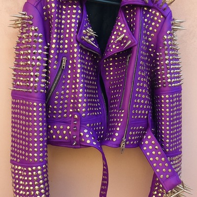 Crafted leather new classic awesome handmade women's purple studded brando metal spiked leather round studs jacket
