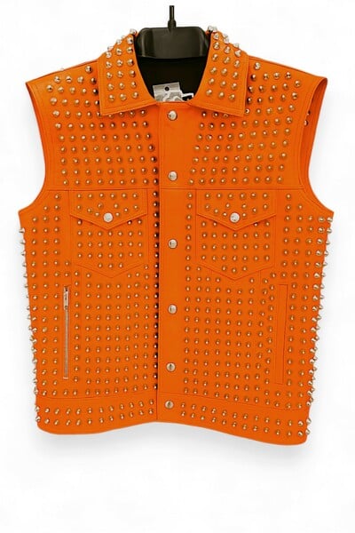 Crafted Leather Men Carrot Orange Studded Jacket Punk Style Stylish Leather Vest 