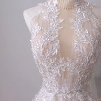 Boho Wedding Dress with Floral Lace Applique, High Neck Beading Beach Wedding Dress, Tulle Skirt Lace Wedding Dress - Thumbnail 6