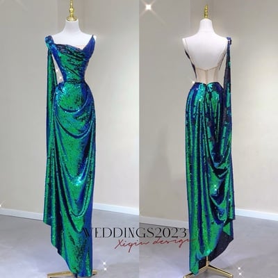 Green sequins sleeveless mermaid floor length open back prom dress