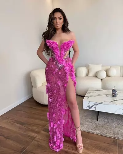 Aso Ebi Fuchsia Mermaid Prom Dress Crystals High Split Evening Formal Party Second Reception Birthday Engagement Gowns