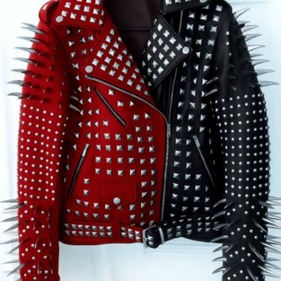 Crafted leather new handmade women's punk full long spiked studded brando red black adorable leather jacket