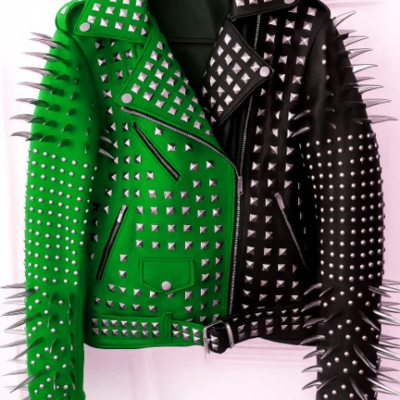 Crafted leather new handmade women's punk full long spiked studded brando green black adorable leather jacket