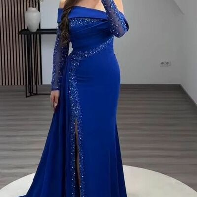 Royal blue sheath beading crystals prom dress evening formal gown birthday party dress