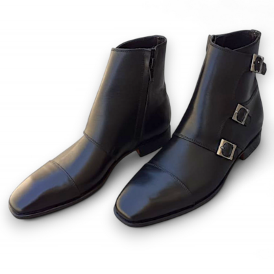 Crafted leather classic men black leather triple buckle strap side zipper jodhpur ankle high boot