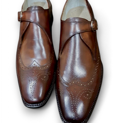 Crafted leather men dark brown classic monk strap dress shoes