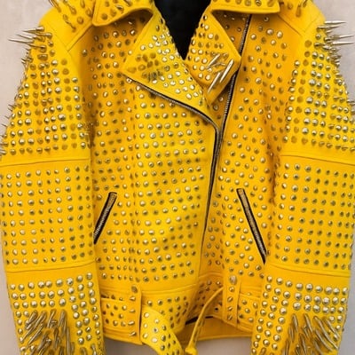 Crafted leather women classy yellow gothic emo style leather studded jacket with silver studs and spikes