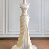 Simple Mermaid Champagne Long Prom Dress, Champagne Evening Dress with Lace - Thumbnail 3
