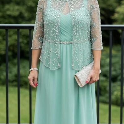 Elegant green chiffon with jacket mother of bride /groom dresses evening formal gown