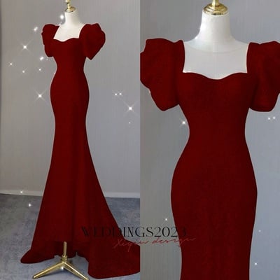 Sexy Mermaid Lace Party Dresses Red Short Sleeves Backlees Back Prom Dresses