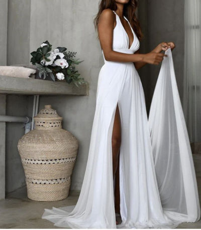 V Neck White Prom Dresses 