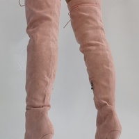 New Women Suede Thigh High Peep Toe Lace Up Stiletto Boot - Thumbnail 2